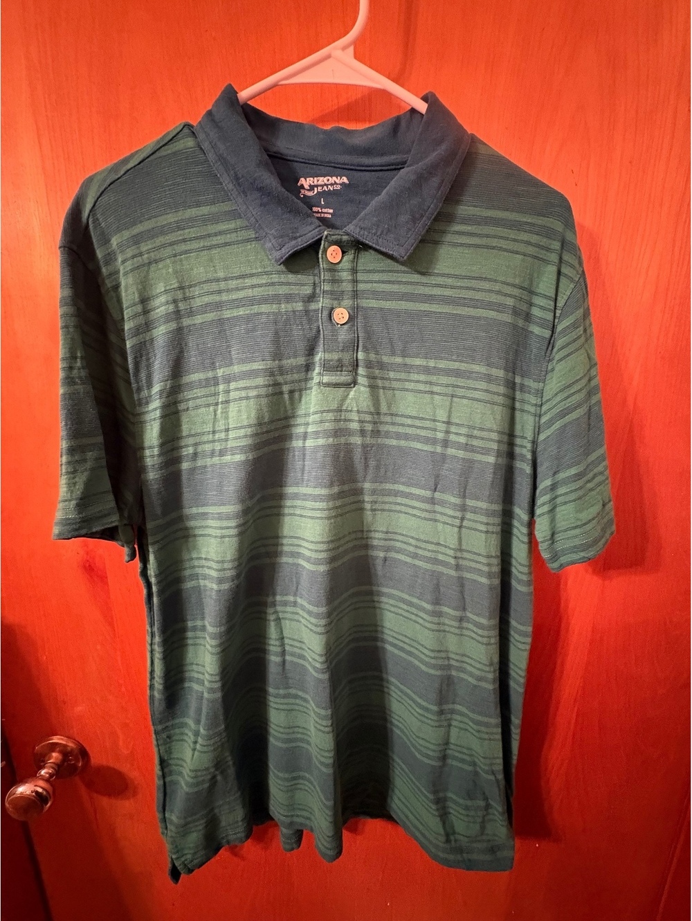 Arizona Jeans Men's Green and Navy Striped Polo Shirt Size L